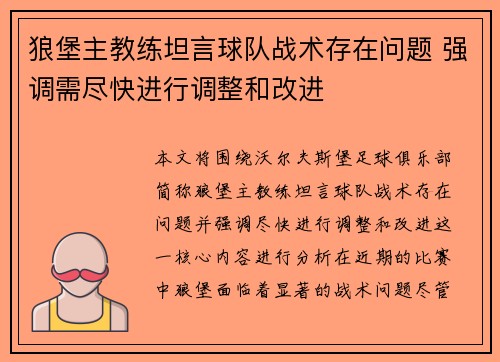 狼堡主教练坦言球队战术存在问题 强调需尽快进行调整和改进